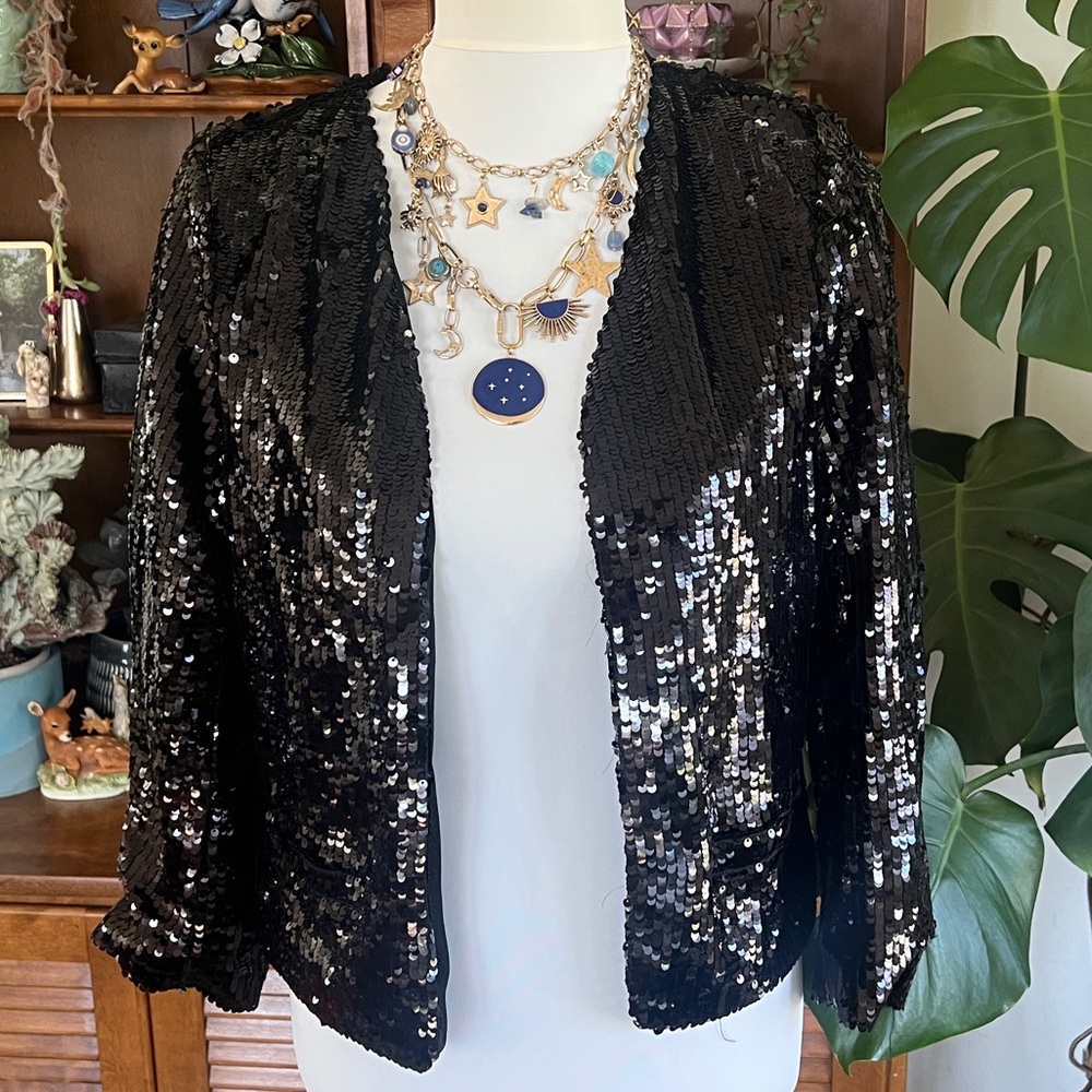 Anna Cai New York Black Sequin Open Front Cropped Jacket S/M
